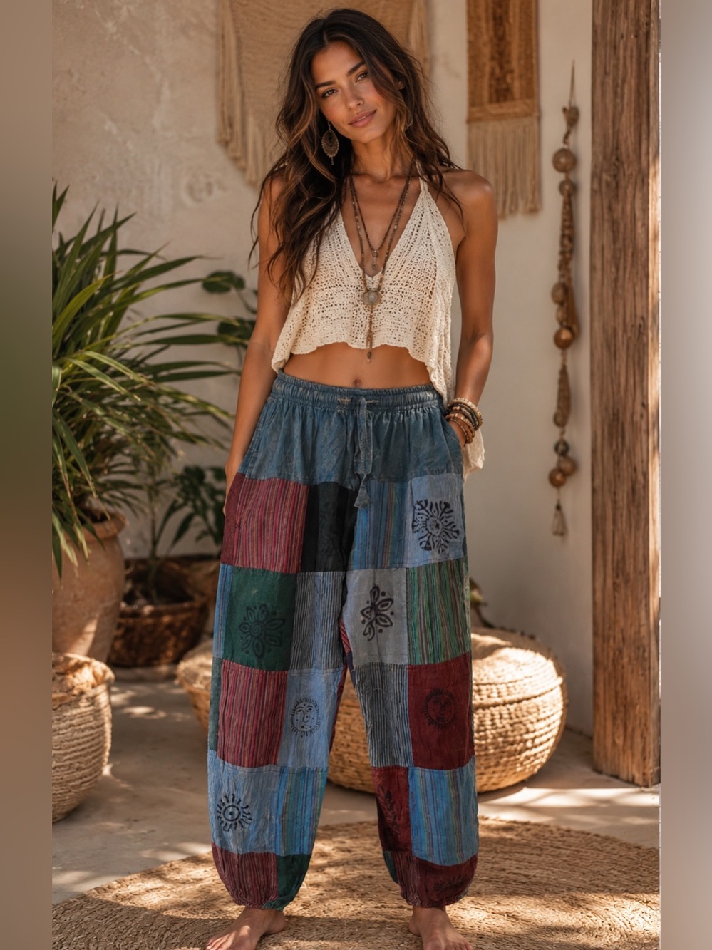 Boho Patchwork Harem Pants With Cuffs / Multicolor – In Size OS New With Tags - Picture 3 of 8